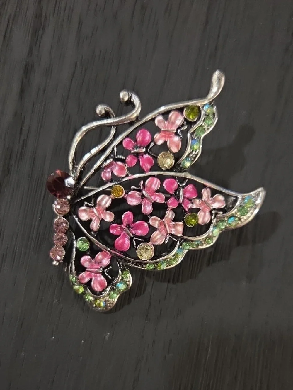 Rucinni Butterfly Floral Pink Enamel And Crystal Brooch
